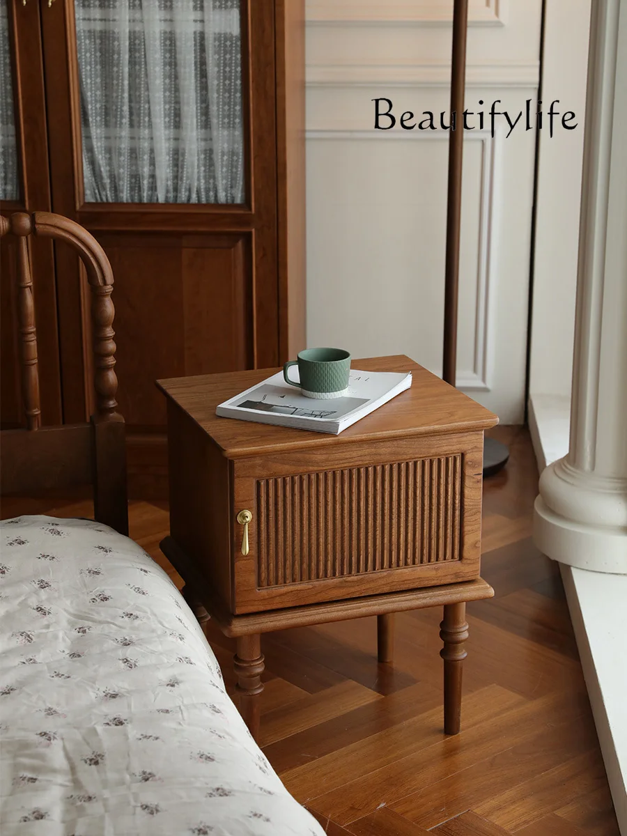 

French Simplicity Vintage Bedside Table Solid Wood Bedside Cabinet Cherrywood Bedside Storage Low Cabinet