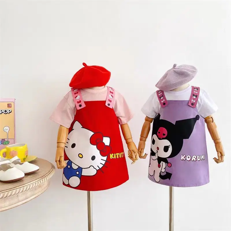 Hello Kitty Kids Dresses For Girls Kawaii Sanrio Kuromi Summer Cute Back Dress Cartoon Anime Clothing Causal Comfortable Dress