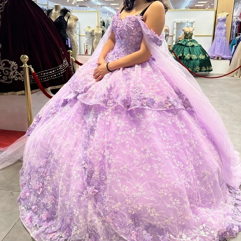 

Lavender Ball Gown Quinceanera Dress Off The Shoulder 3D Flowers Appliques Lace Beading With Cape Corset Vestidos Para XV Anos