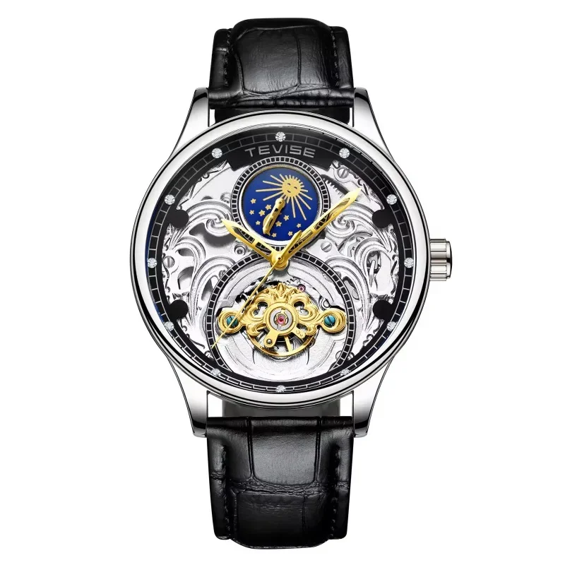 Tourbillon Hollow Automatic Mechanical Watch Men's Leather Moon Phase Function Waterproof Glow-in-the-dark Man Sports Watch