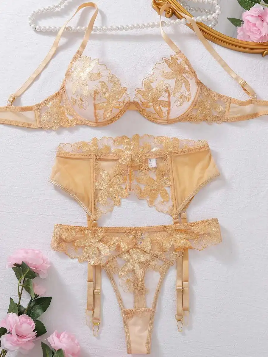 Nowy trzyczęściowy zabawny zestaw złote kwiaty haftowane czyste pragnienie przezroczyste seksowne szelki bez rękawów pas body zestawy dzikie QO8F