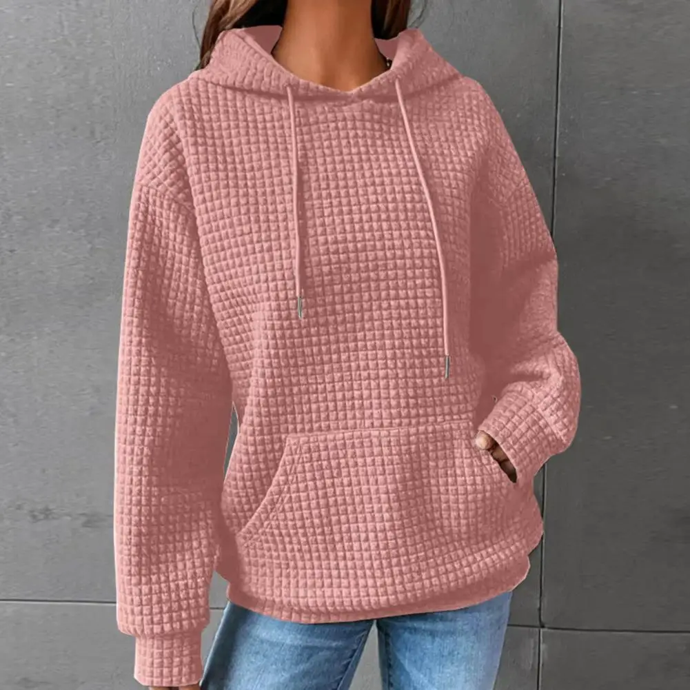 Sudadera con capucha con textura de gofre para mujer, suéter cálido con cordón, bolsillo de parche grande, Otoño e Invierno