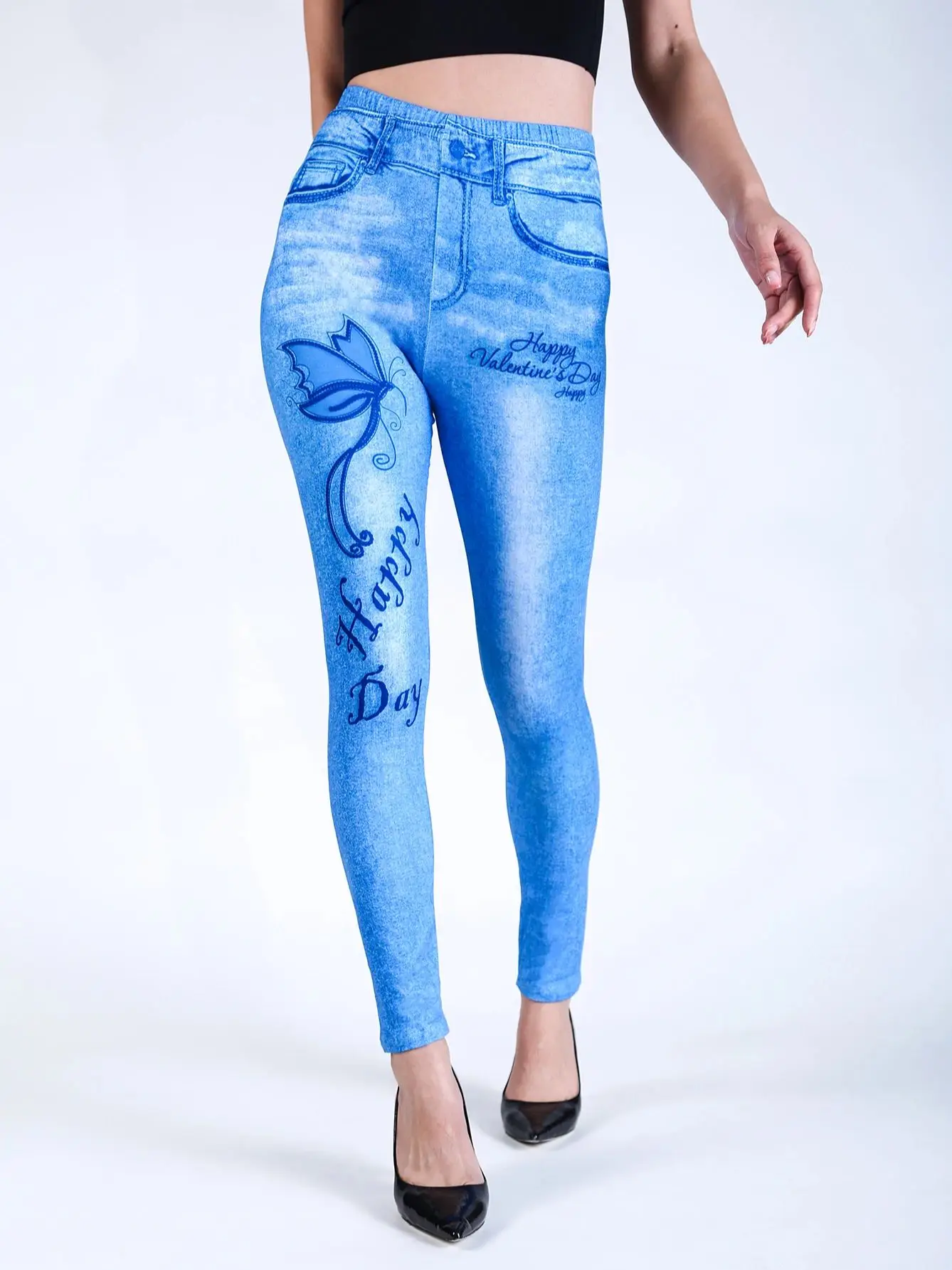 Ygyeeg Vlinder Letter Matte Nep Denim Sexy Leggings Dames Elastische Hoge Taille Strakke Naadloze Bedrukte Potloodbroek