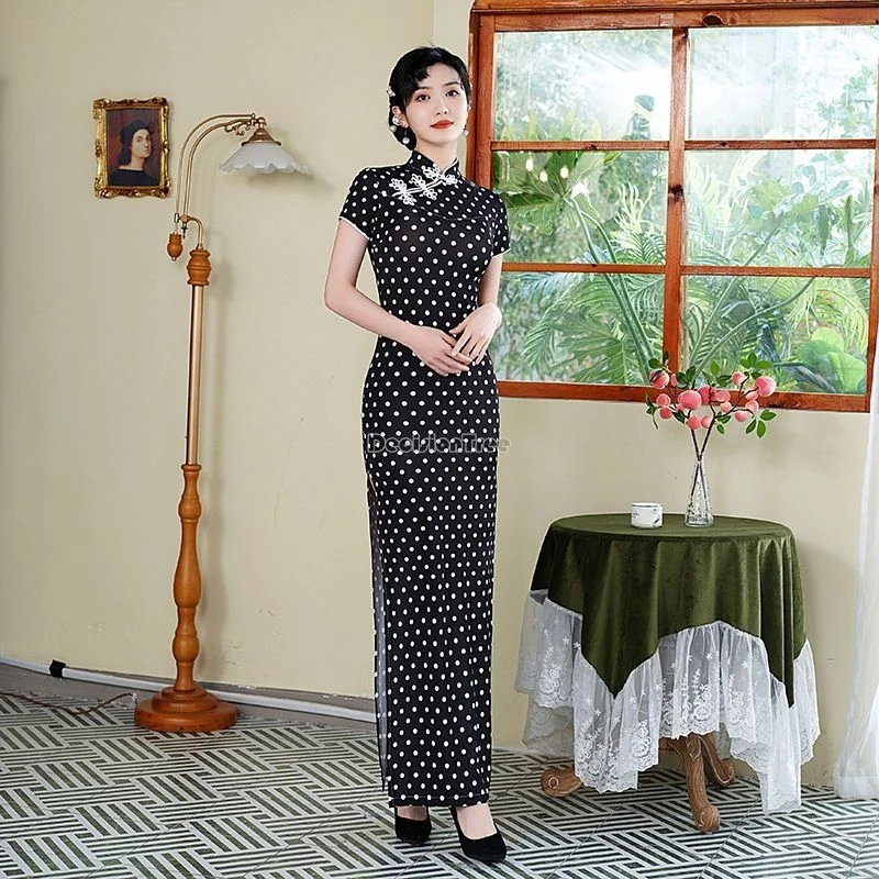 

2024 chinese summer women polka dot pattern high slit cheongsam dress long stretch improved retro fashion slimming qipao w316