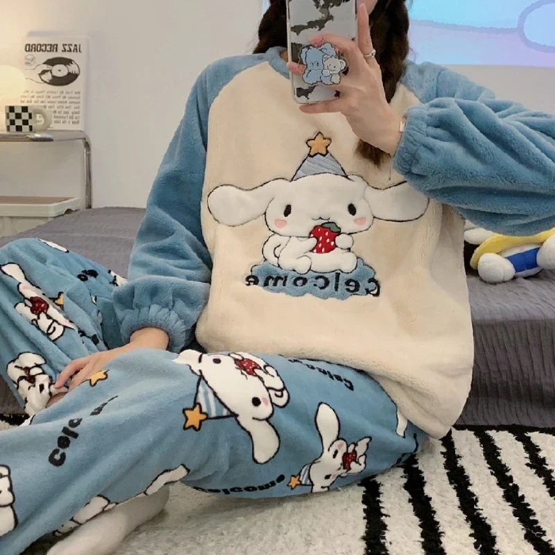 Sanrio Kuromi Pochacco Cinnamoroll Pajama Set New Winter Flannel Loung Sleepwear Girl Pijama Mujer Suits Couple Home Wear Soft