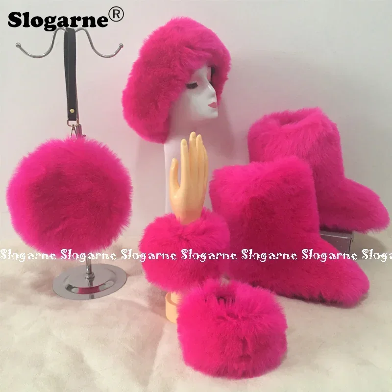 2024 Fashion Fur Sets Women Winter Furry Snow Boots Fur Boots Fur Purse Fur Cap Plush Warm Girl Fluffy Set Hairband Ski Hats Bag