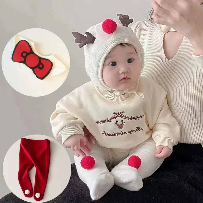 

Girls Boys Christmas Elk Embroidery Top with Hat Pants Santa Claus Cos Cute Costume Winter Warm Clothes Xmas Theme Party