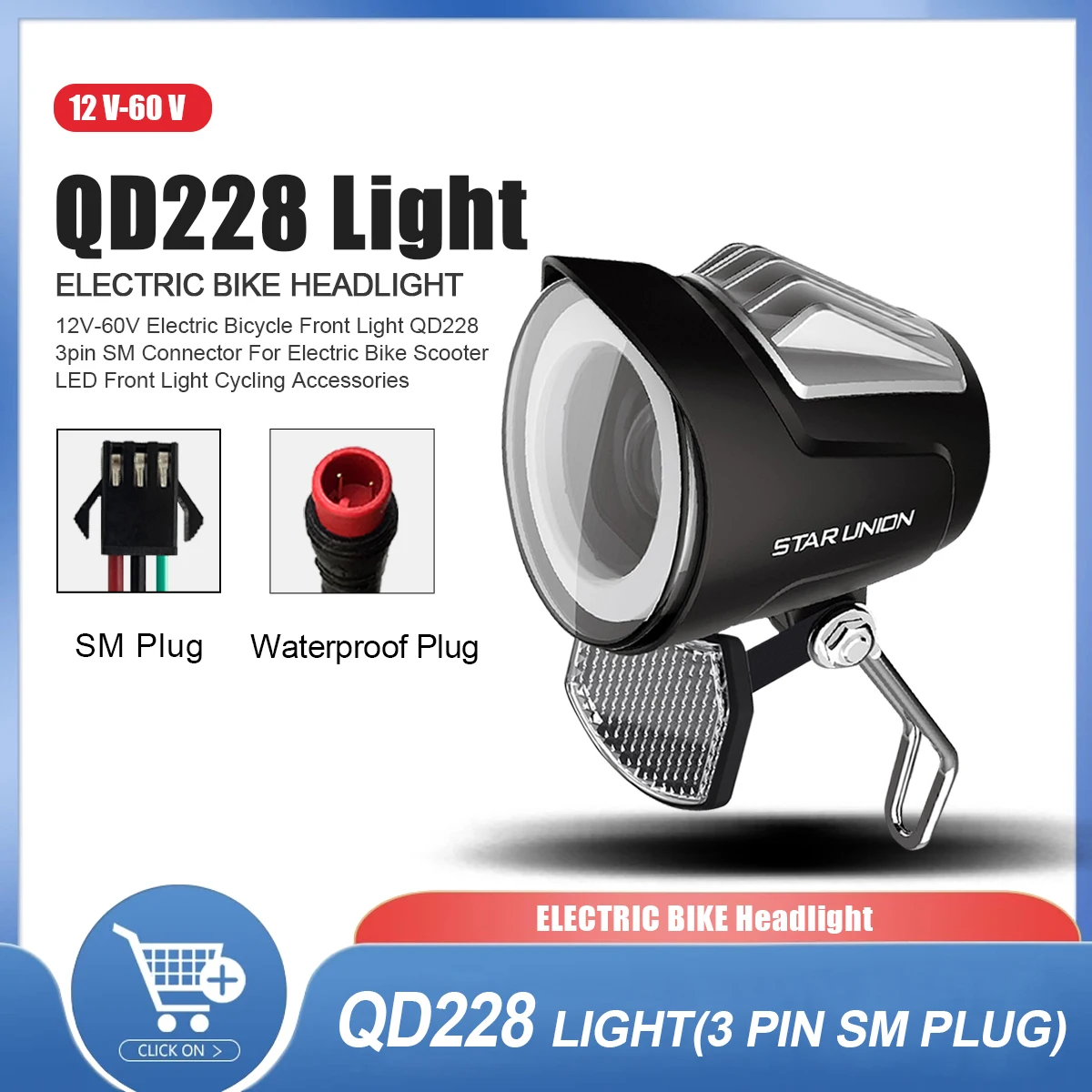 

12V-48V SM/Waterproof Electric Bicycle Front Lamp Scooter Parts High Performance WUXING QD228