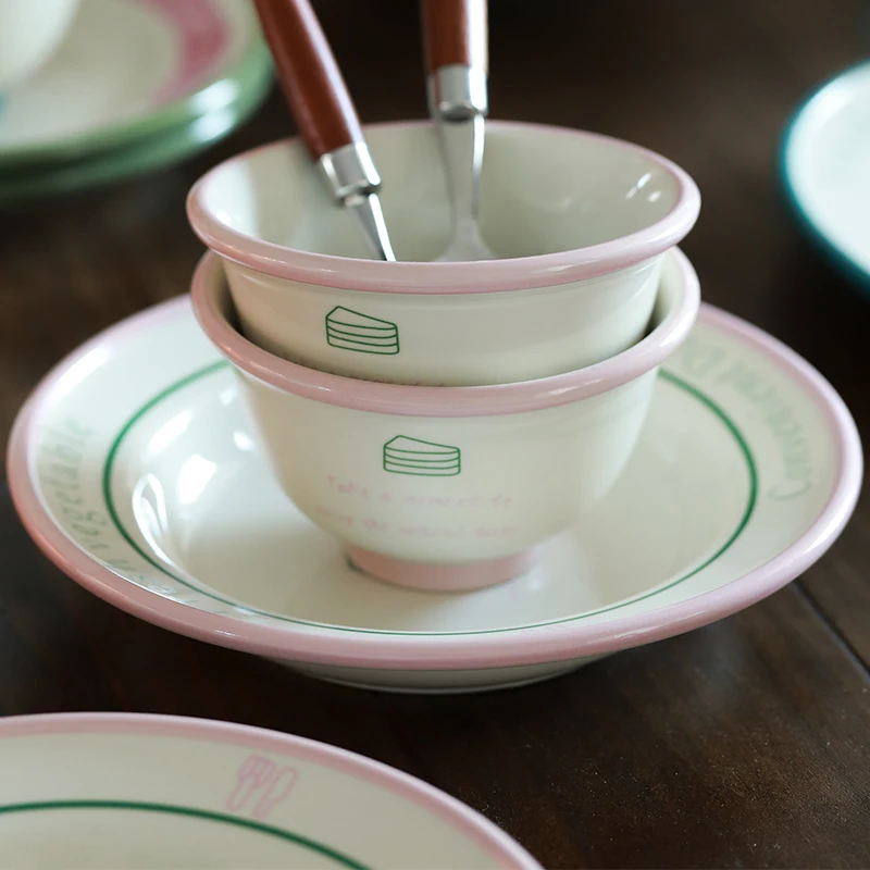 مجموعة أدوات المائدة الخزفية طبق عشاء وعاء الأرز أطباق لطيف بسيط إلكتروني الطباعة طبق مستدير أدوات المائدة المنزلية حفلة دفئا هدية #2