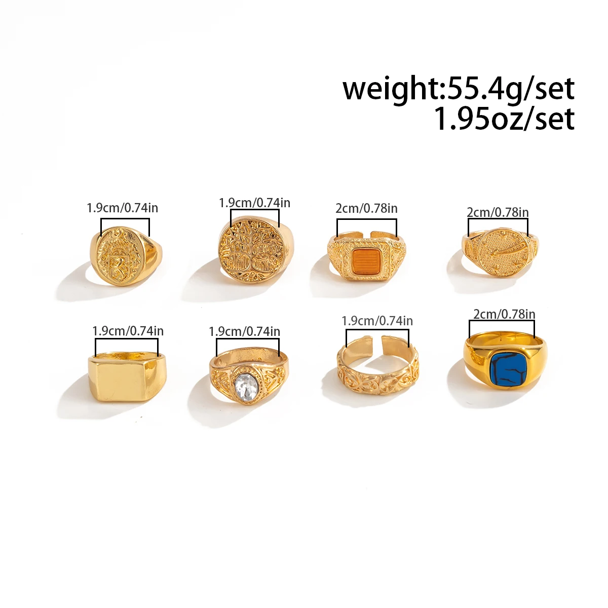 Salircon 8 Pcs/Set Punk Texture Metal Open Adjustable Ring Set Men Hip Hop Inlay Acrylic Rhinestone Finger Rings Grunge Jewelry 4