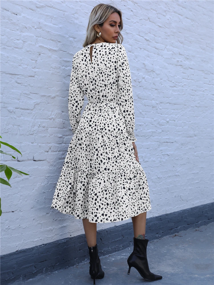 Msfilia Spring Summer Light Mature Leopard Print Halter Full Sleeve Dress Women Fashion O Neck Loose All Match Long Dresses