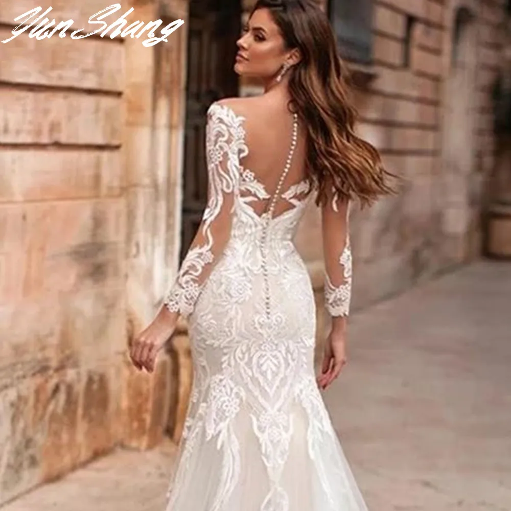 YunShang V-Neck Mermaid Wedding Dress Long Sleeve Lace Appliques Bride Gown Train Illusion Back Vestidos De Noiva Customized