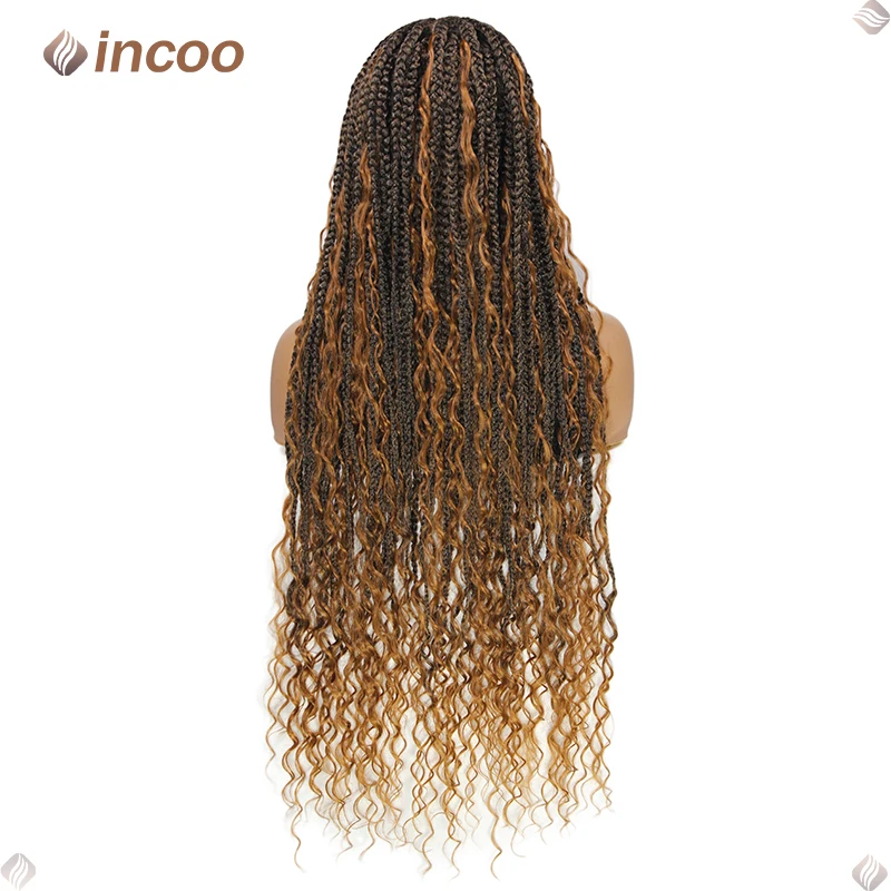 Bohemian Wig kepang Cornrow renda Wig sintetis untuk wanita warna hitam Wig kepang kotak tanpa simpul renda penuh Wig kepang Cornrow