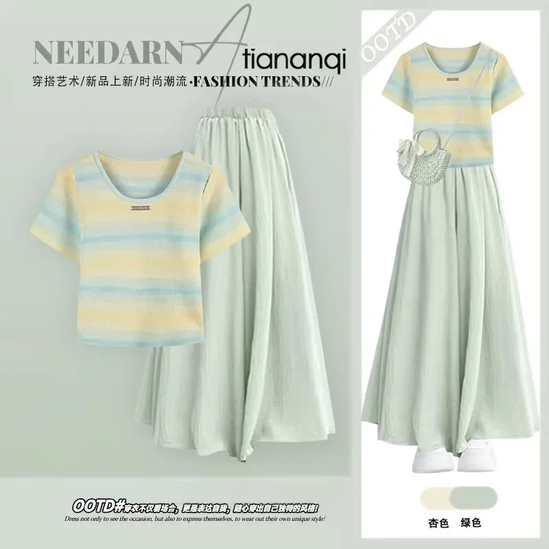Summer New Korean Sweet Style Age Reducing Short Sleeved Top for Women and Casual Skirt Pants Two-piece Set