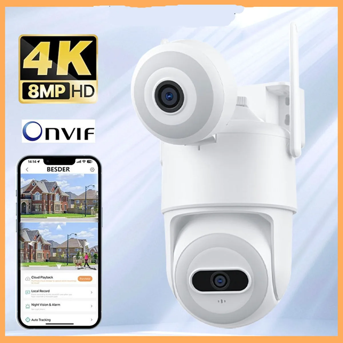 

4MP iCsee APP 4-кратный зум Bluetooth Двойной объектив PTZ IP Купольная камера AI Обнаружение гуманоидов Полноцветный монитор домашней безопасности CCTV