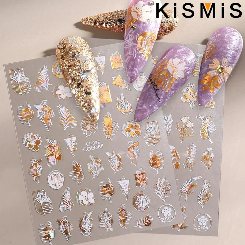 KISMIS 3D Laser Blumen Blatt Abstraktes Gesicht Design Glänzende Dekoration Mehrfarbige Blumenmuster Aufkleber DIY Aufkleber für Nagel