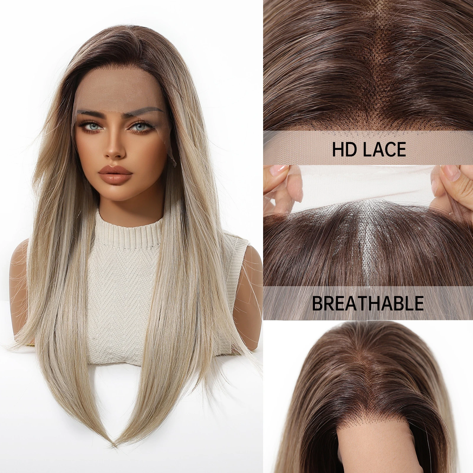 วิกผมสังเคราะห์แบบตรงสีน้ำตาลอมบลอนด์ไล่เฉดสี สำหรับผู้หญิง ยาว 22 นิ้ว วิกผมทรงเลเยอร์ธรรมชาติ พร้อมโคนผมสีเข้ม  ฐานลูกไม้ 13*6