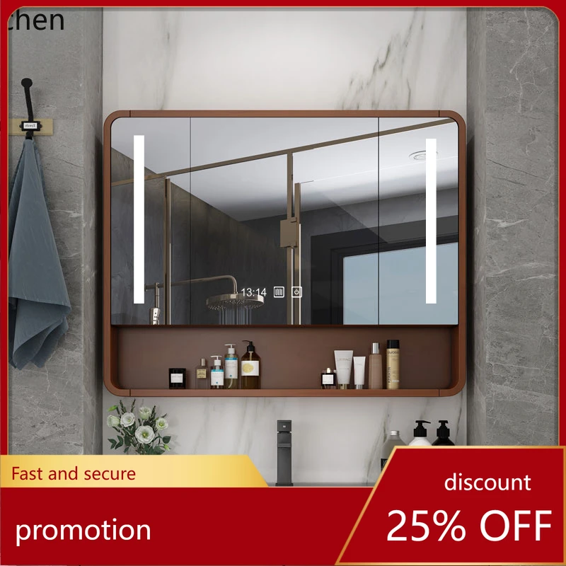 ZML solid wood paint bathroom mirror cabinet wall-mounted smart mirror with rack bathroom cosmetic storage mirror