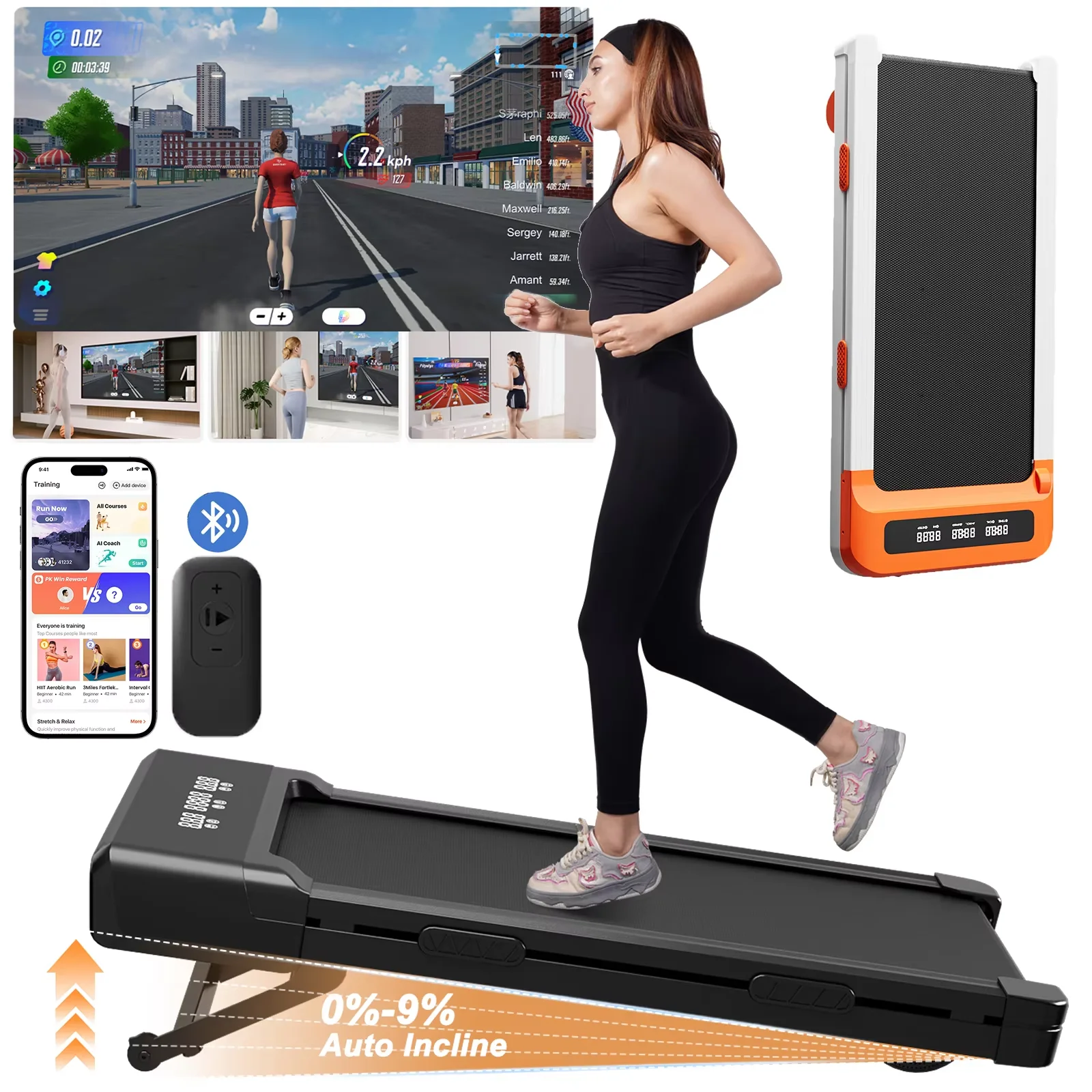 Pad Under Desk Treadmill with 9% Incline Adjustable Speed 1-6KM/H LCD Screen Display 136KG Load for Home
