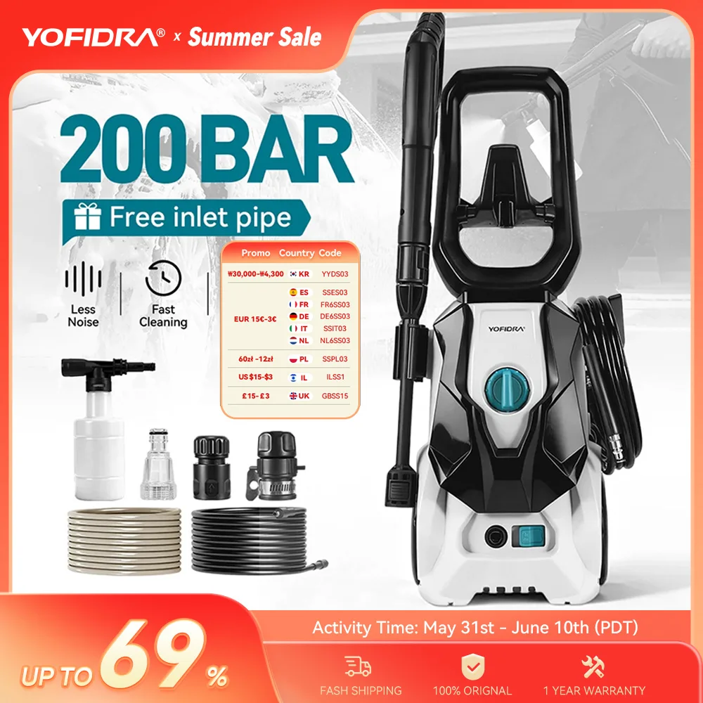 Nettoyeur haute pression électrique YOFIDRA 200 bars, 2200W, pistolet de lavage pour voiture, jardin, voitures, pulvérisation d'eau, 0 à 180° °   Buse réglable