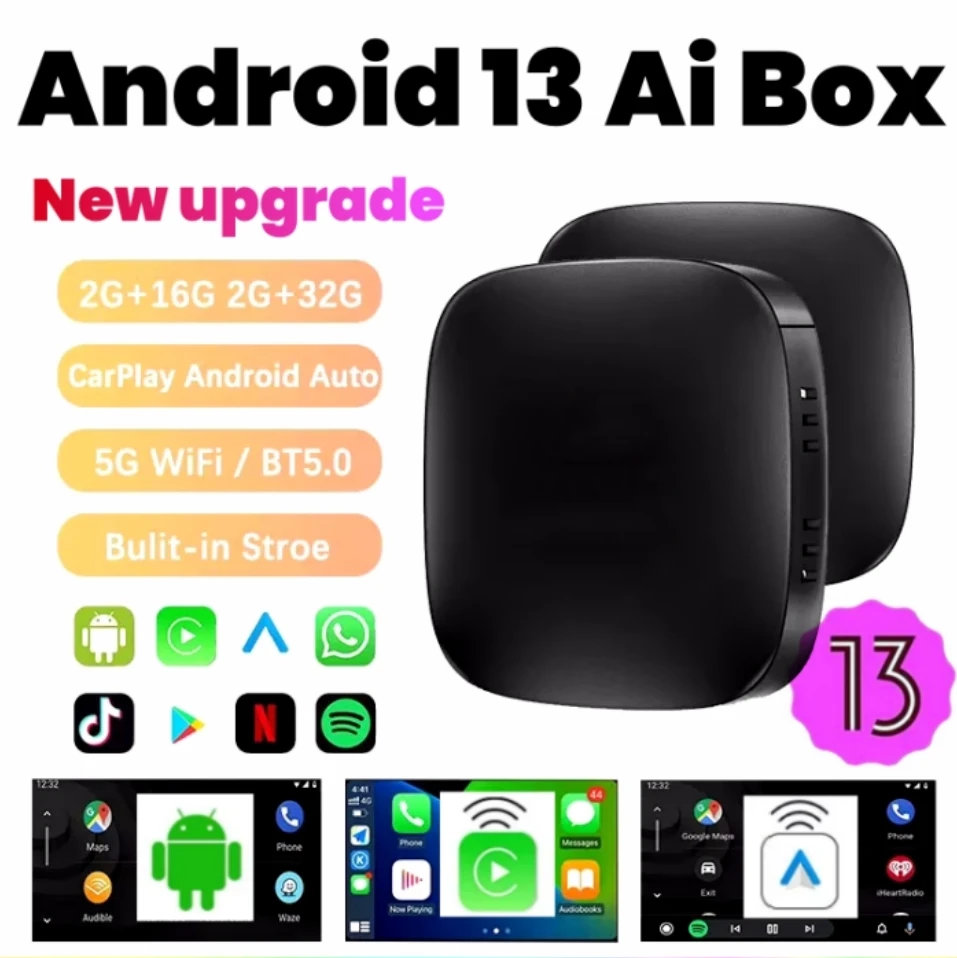 

2026 Android13 CarPlay Ai Box Kowankit Wireless Android Auto 3in1 USB Adapter For Youtube Netflix Universal TV Box Plug And Play