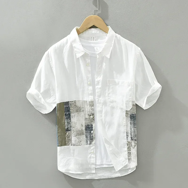 

Button Up Short Sleeve Shirt for Men Pure Linen Turn-down Collar Casual Shirts Male Summer New Fashion Print Patchwork Clothes