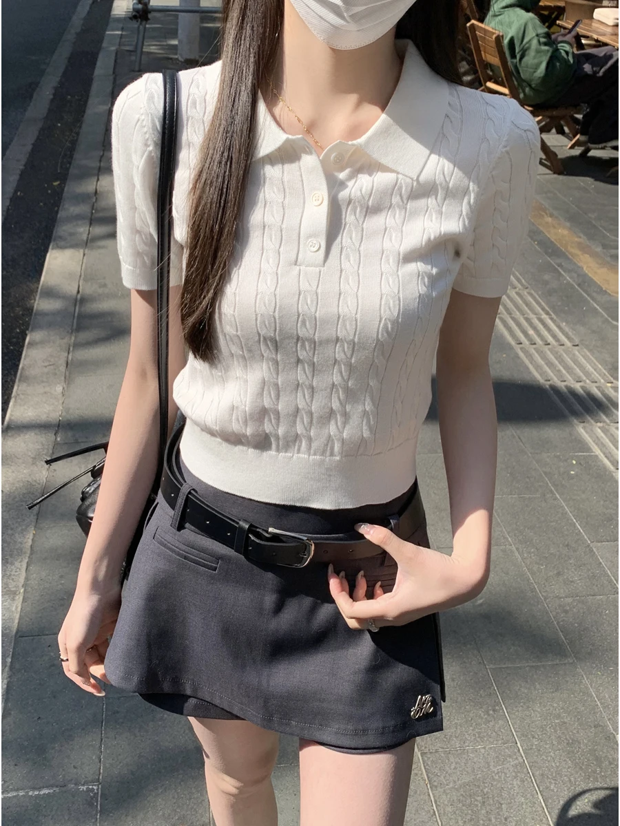 

Summer Thin ort Sve Knitted Ne Twisted Design Women's T-irt Sweet Sle Slim Fit Japanese Sle Regular Sve ...