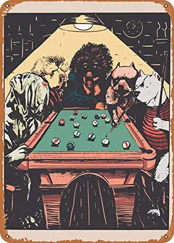 Dogs Playing Billiards Vintage Look Metal Sign Patent Art Prints Retro Gift 8x12 Inch
