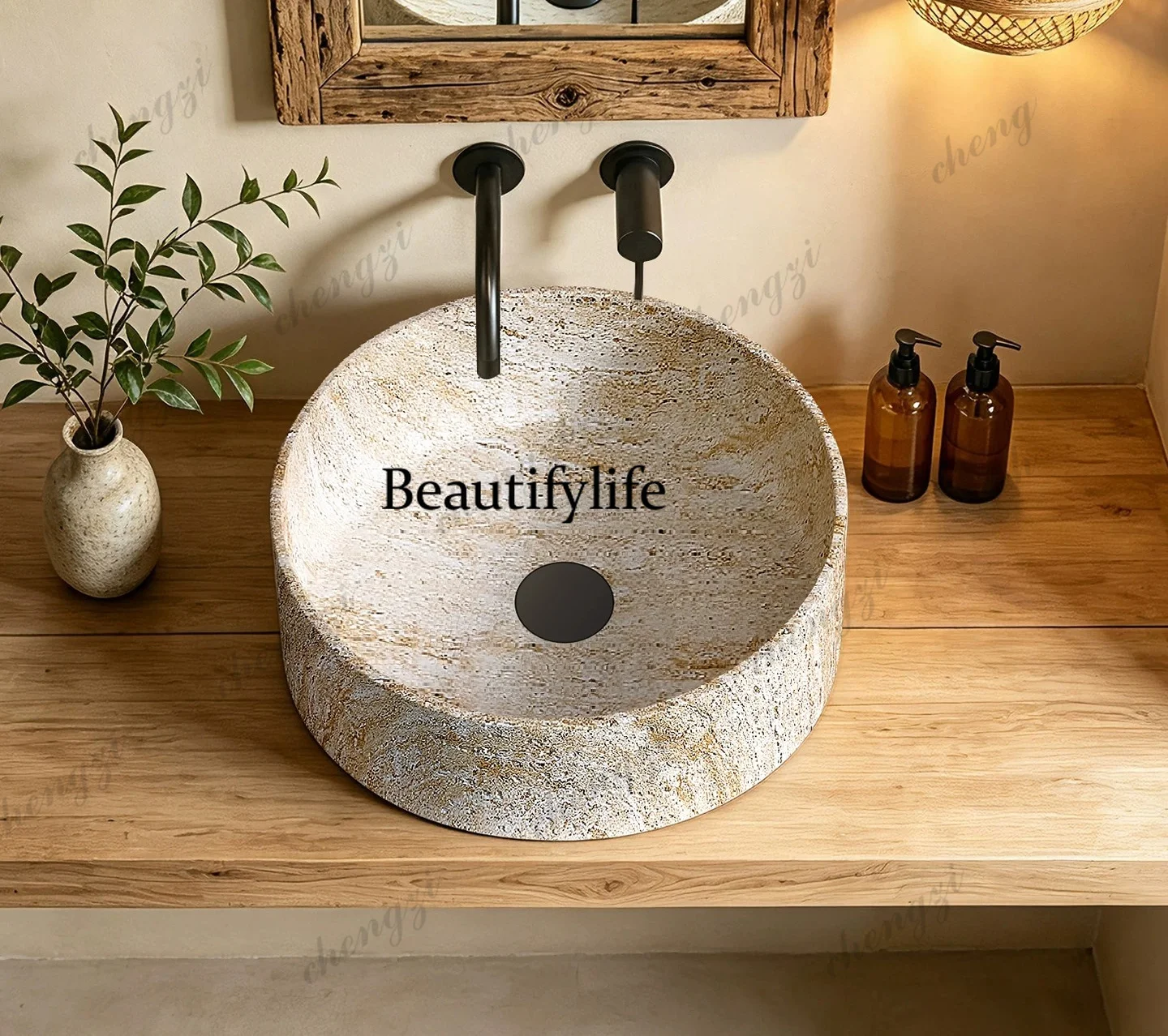 Medieval travertine integrated basin sink, table, face basin household
