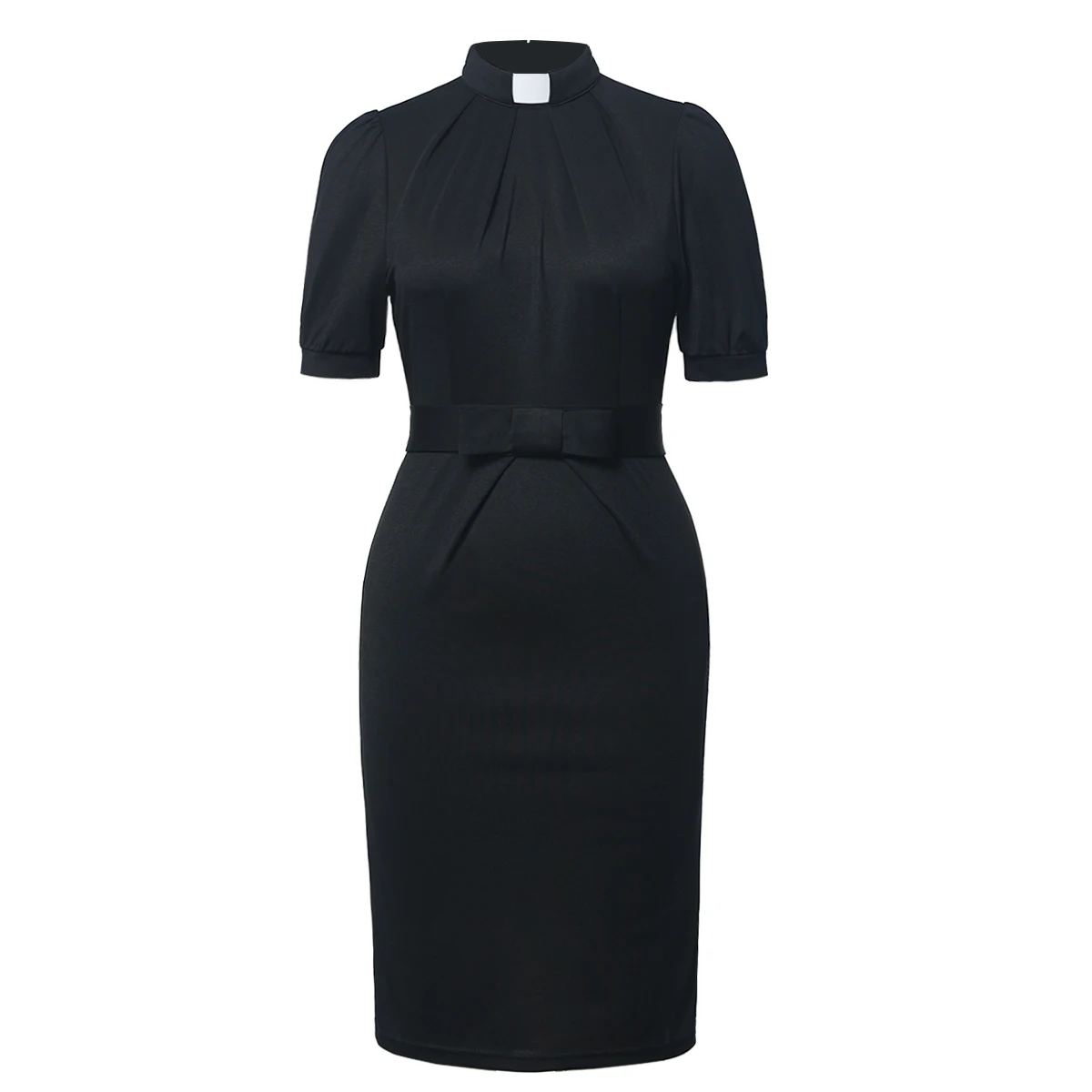 

Women Bodycon Dress Catholic Tab Collar Black Clergy Dress Short Sleeve Costume