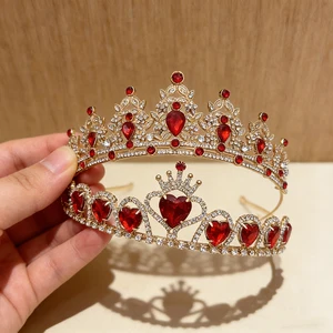 2pcs Red Heart Red Treasure Gilded Crown Water Diamond Luxury Hair Crown Sweet Cool Princess Style Banquet Ball Children Styling