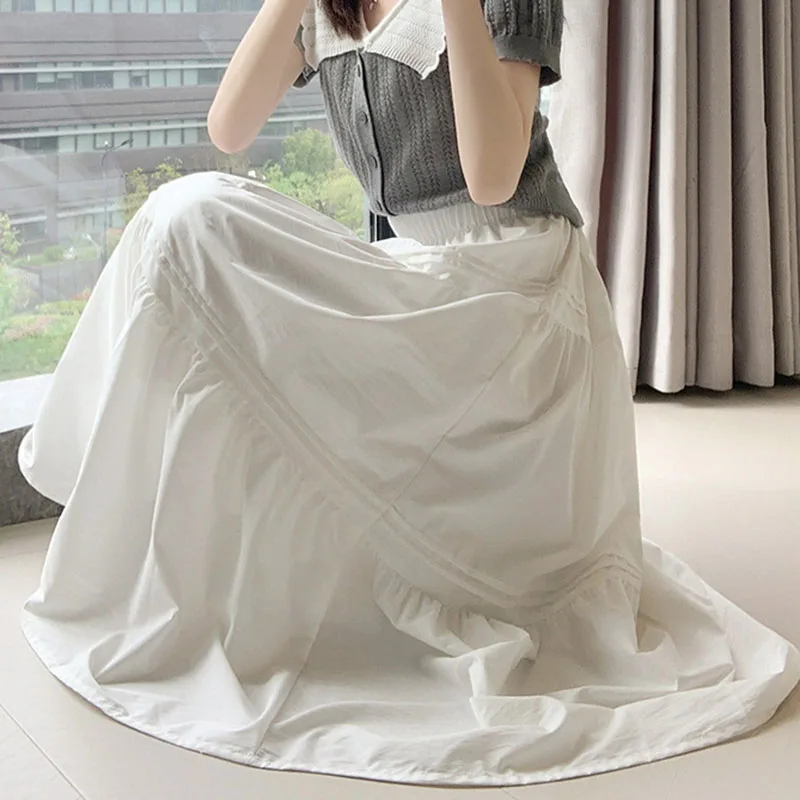 Summer Casual White Long Skirts Women Korean All-Match High Waisted Midi Skirts Ladies Elegant Patchwork A-Line Pleated Skirt