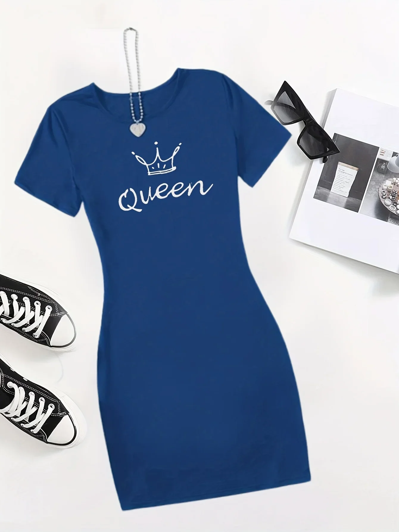 

2024 Hot sales Queen Print Casual Loungewear Tee Dress, Summer Short Sleeve Casual Nightdress, Women's Clothing