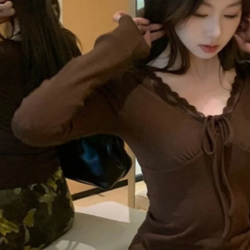 

Pure Desire Top Women's Autumn Design Waist Lace V-neck Chic Long Sleeve T-shirt