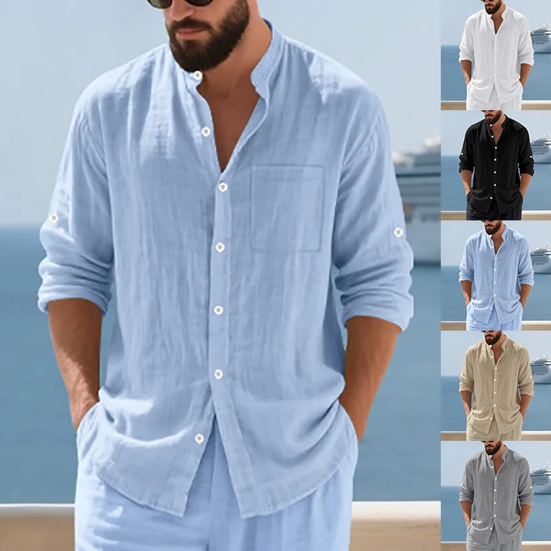 Sweatwear Men's Long Sleeve Shirt Linen Solid Color Shirts Trend Stand Collar Casual Lightweight Breathable Tops Hawaiian Shirt