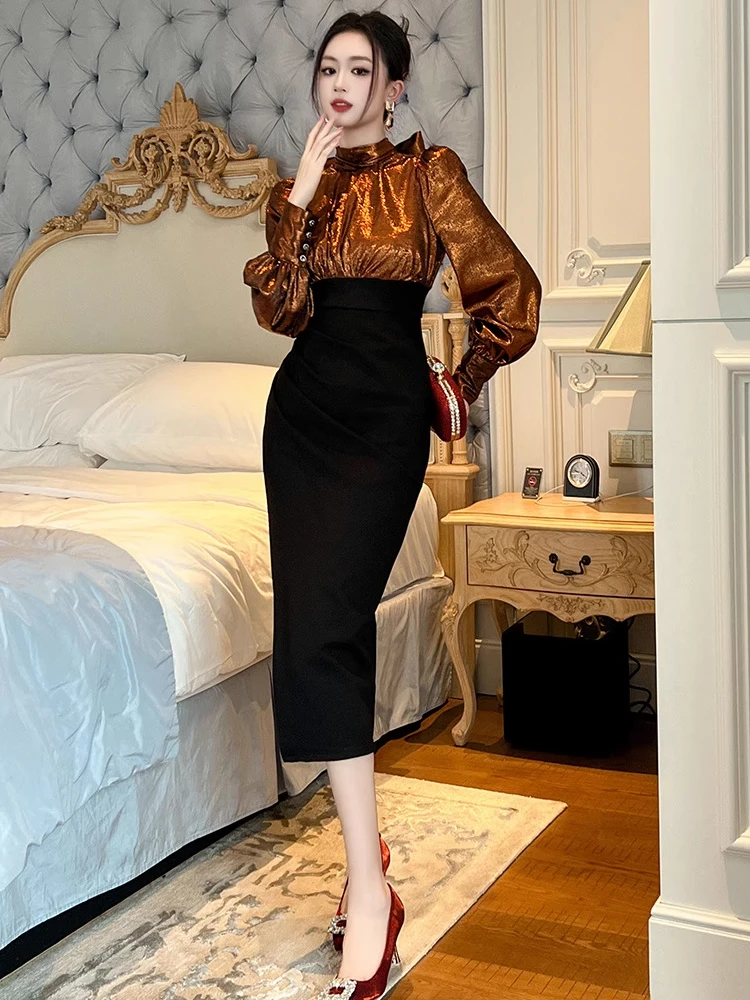 Abiti da cerimonia per occasioni formali stile lavoro da donna alla moda Abiti da donna eleganti per pendolari in ufficio chic con maniche a lanterna e avvolgenti sottili