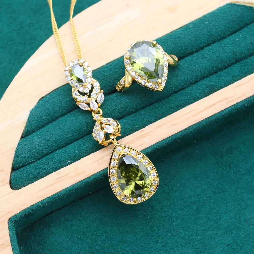 Olive Green Zircon Gold Color Jewelry Sets for Women Birthday Bracelet Long Earrings Necklace Pendant Ring Holiday Gift