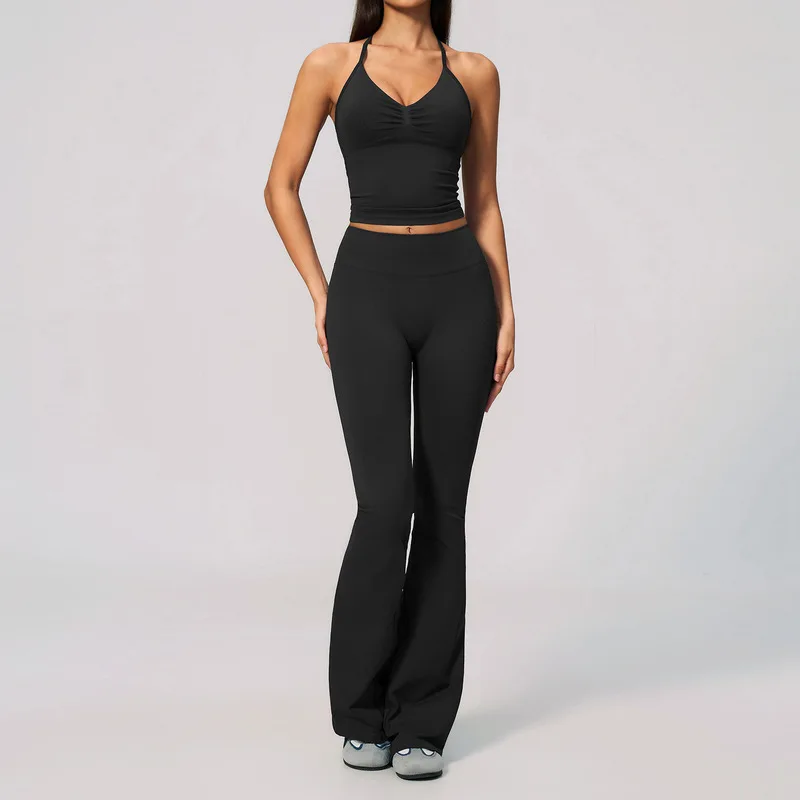 Seamless High Elasticity Yoga Outfit Suit With V Neck Sleevesless Sexy Outfits Butt-lifting Pants Outdoor Sports Athletic Wear
