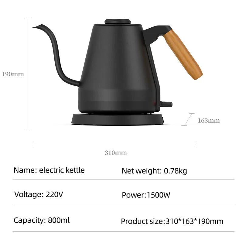 1500W czajnik elektryczny Gooseneck Hand Brew dzbanek do kawy czajniczek 304 dzbanek ze stali nierdzewnej smukłe usta kawy ręcznie warzenia Pot 800ml