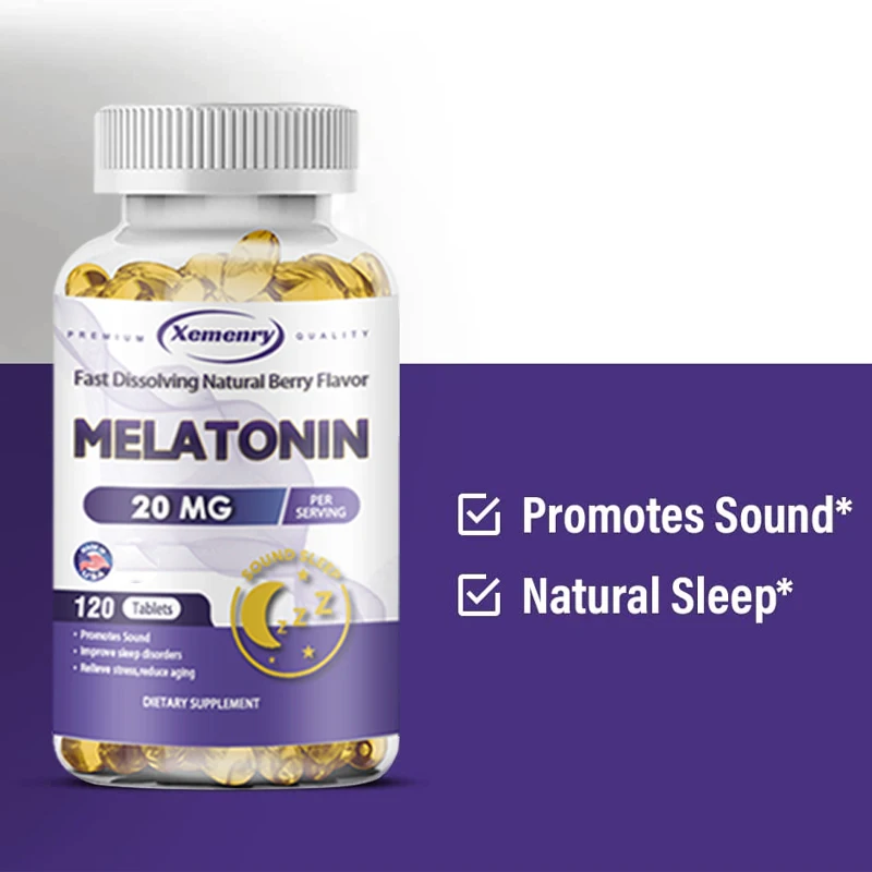 Melatonin Softgels, Optimal Sleep Time Triple Action Calms The Mind and Helps You Fall Asleep Faster, 20 Mg, 120 Capsules