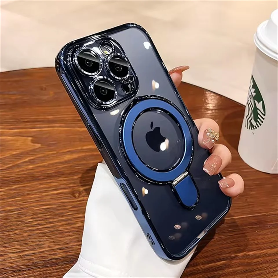Luxury For Magsafe Bracket Case For iPhone 16 17 18 15 14 13 12 Pro Max 16 Plus Magnetic Ring Stand Holder Clear Acrylic Cover, image 10