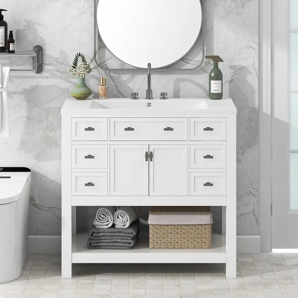 36 inch bathroom vanity with single sink combination, 2 soft closed doors, 6 drawers, solid wood frame bathroom cabinet