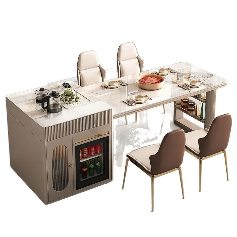 Rock slab island dining table integrated modern simple household kitchen multi-functional with induction cooker refrigerator