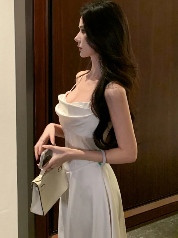 Femmes élégantes robes sans manches été nouveau français Spaghetti sangle robes Mujer a-ligne soirée de mariage robe mi-longue nouveau