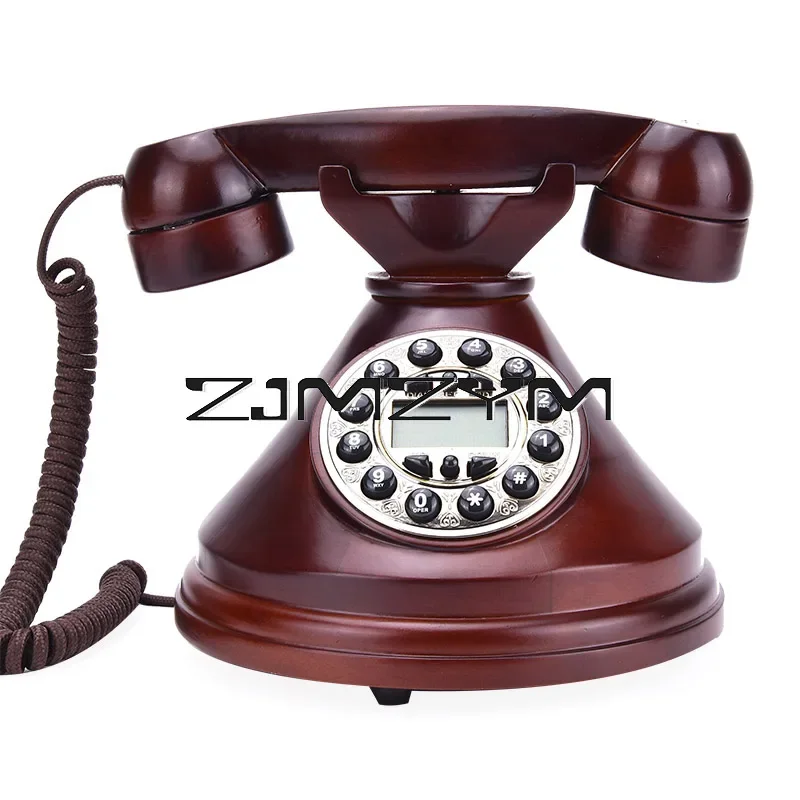 Solid Wood Retro Telephones Antique Caller ID Button Dial Fixed Telephone Decorative Landline Phone Home Office