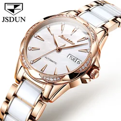 JSDUN Automatic Mechanical Watch for Women Luxury Diamond Pearl Shell Dial Elegant Rose Gold Ceramic Strap Ladies Wristwatches