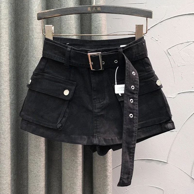 2024 summer new retro American style large pocket belt, skirt, pants skirt, three part denim shorts trend  black shorts