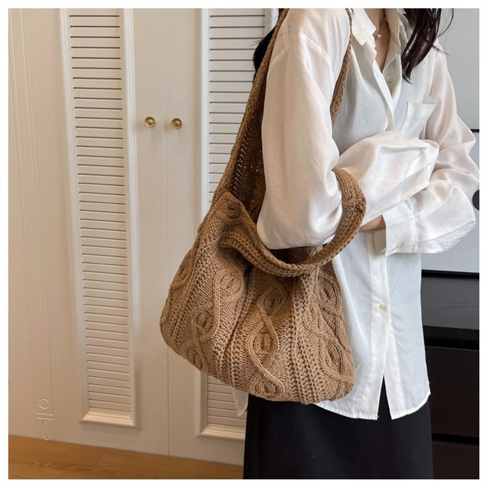 Wool Large Knit Bag Shoulder Shopping Bag for Women Vintage Cotton Cloth Girls Tote Shopper Bag Large Female Handbag Crochet Bag