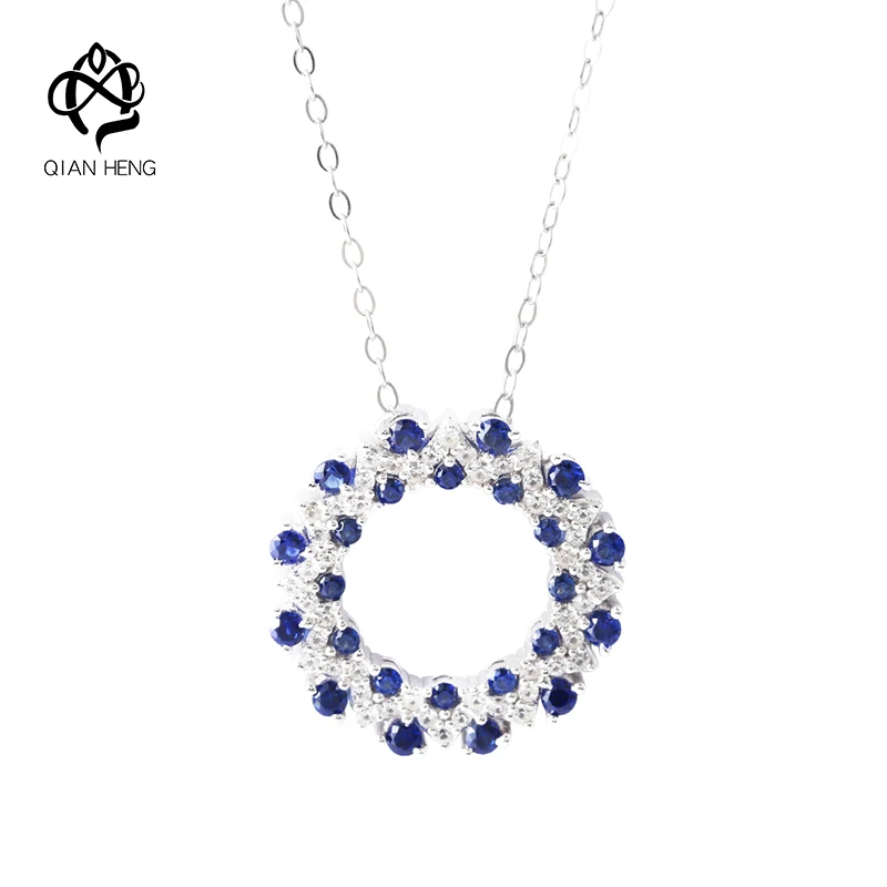 

Qian Heng 925S Silver Blue sapphire Pendant with Chain Cute Round Shape 925 Sterling Necklace for Women Gemstone Daily Gift