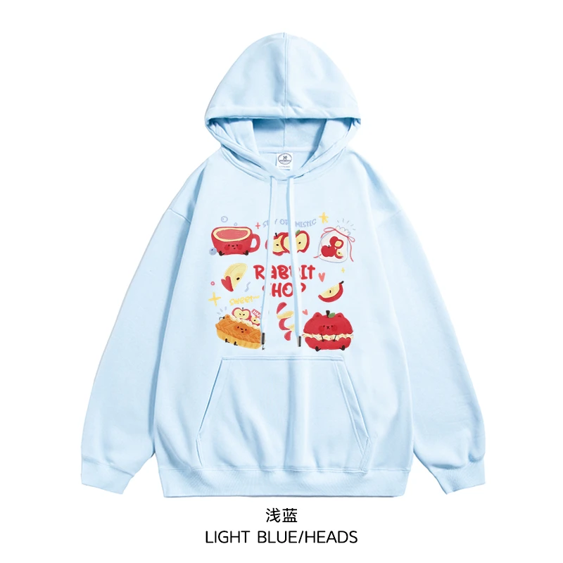 2025 Autumn Winter New Fun Apple Print White Apricot Hoodie Korean Style Loose Versatile Blue Black Wine Red Velvet Top
